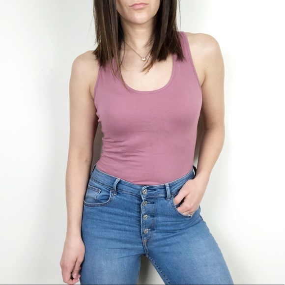 Dusty pink stretch racerback tank bodysuit C16 - Picture 2 of 7